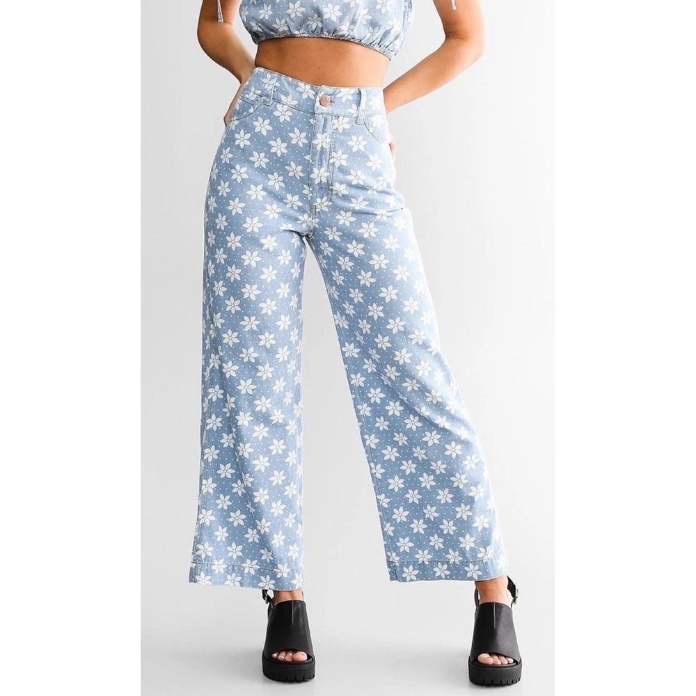 Wrangler x Billabong Daisy Floral Wide Leg Jeans Blue White High Waist Denim. 27